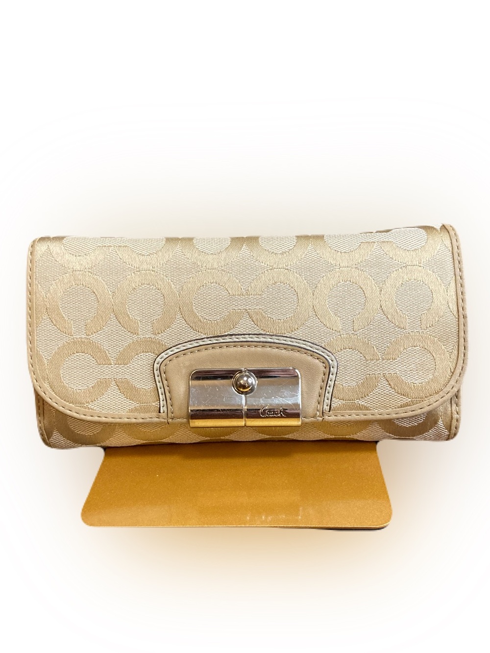 Coach Kristin Y2K Signature Jacquard Checkbook Wallet Flap Push Lock Beige Tan